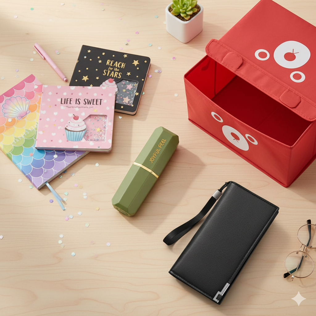 Assorted stationery items including notebooks, a wallet, and a red box on a wooden surface.