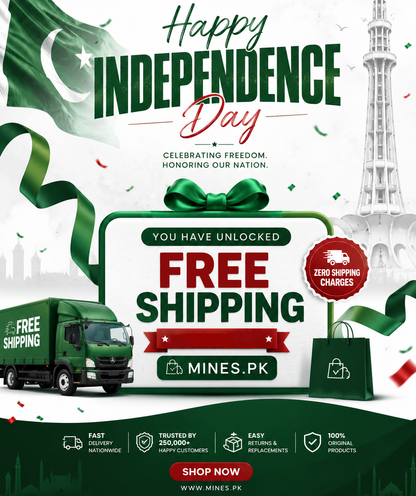 Promotional Independence Day shipping banner for MINES.PK with green and white patriotic graphics, a delivery truck, a gift box, and text reading 'Happy Independence Day,' 'Free Shipping,' and 'Zero Shipping Charges.