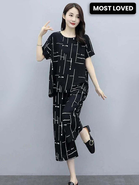 Black Capri Printed Night Suit